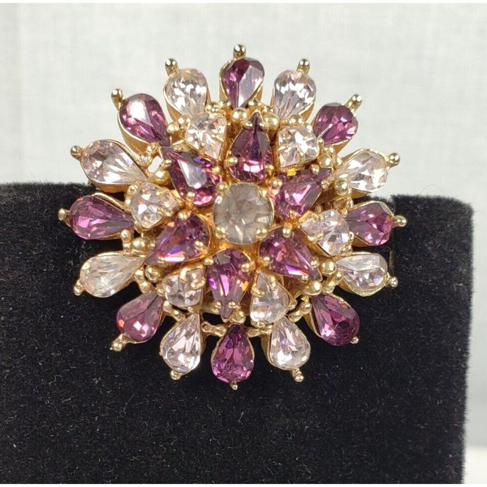 Vintage 1940's Singed Barclay Dome Floral Purple Crystal Brooch